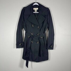 Jones New York Sport Belted Trench Coat Womens Medium Black Chunky Buttons‎ Y2K